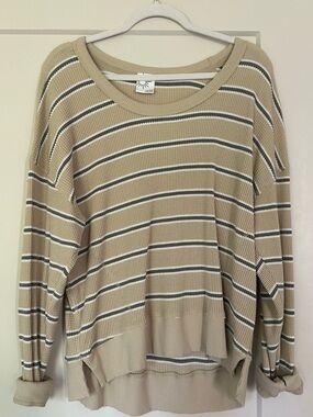 aerie Beige Striped Long Sleeve Tee